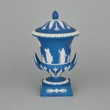 Wedgwood Blue Jasper-Dip Vase and Cover, 20th century, height 12 in — 30.6 cm