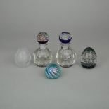 Pair of Perthshire Millefiori Faceted Glass Inkwells and Stoppers together with Three Various Paperw
