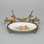 French Sevres Style Porcelain Mounted Gilt Bronze Standish, 19th century, 4.5 x 11 x 8 in — 11.4 x 2