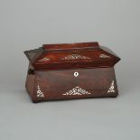 Large Victorian Abalone Inlaid Rosewood Sarcophagus Form Tea Caddy, mid 19th century, 8 x 13.25 x 7.