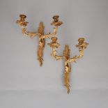 Pair of French Rococo Gilt Bronze Two Light Wall Sconces, mid 20th century, height 14 in — 35.6 cm