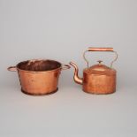 Two Victorian Copper Kitchen Utensils: an Oval Kettle and a Maslin Pan, 19th century, pan diameter 1