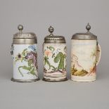 Three German Pewter Mounted Faience Steins, late 18th/early 19th century, largest height 9.6 in — 24