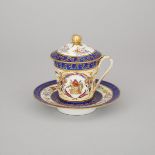 'Sèvres' Floral, Yellow, Blue and Gilt Decorated Chocolate Cup with Cover and Stand, late 19th centu