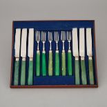 Six George IV Silver and Green Stained Ivory Knives and Six Forks, Joseph Willmore and John Mewburn