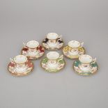 Coalport Harlequin Set of Six Coffee Cups and Saucers, 20th century, saucers diameter 4.3 in — 11 cm