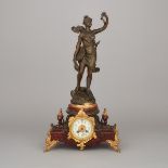 French Gilt and Patinated Metal Mounted Rouge Griotte Marble Mantel Clock, 19th century, height 24.6