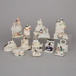 Group of Fifteen Small Staffordshire Figures, Groups and Fairings, late 19th/early 20th century, lar