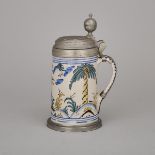 German Pewter Mounted Faience Stein, 18th century, height 10 in — 25.5 cm