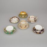 Six Various Royal Crown Derby, Cauldon, Royal Doulton, Hammersley, and Royal Chelsea Tea Cups and Sa