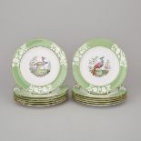 Twelve Copeland Spode Apple Green Banded 'Liverpool Birds' Plates, early 20th century, diameter 8.9