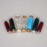 Seven Silver and Metal Mounted Red, Green, Opaque Blue and Clear Glass Double-Ended Perfume Phials,
