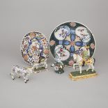 Two Delft Polychrome Dishes, Two Figures on Horseback, Model of a Bull and a Figure Seated Astride a