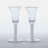 Pair of Continental Engraved Opaque Twist Stemmed Wine Glasses, late 18th/19th century, height 5.8 i