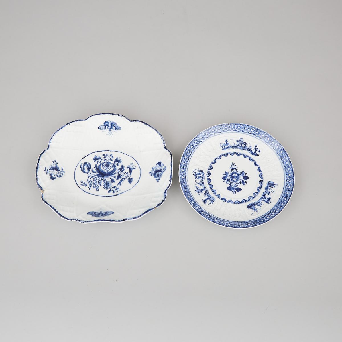 Two Bow Blue and White Moulded Dish Stands, c.1765, largest width 7.8 in — 19.8 cm (2 Pieces)