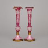 Pair of Continental Red Overlaid and Cut Glass, Gilt Brass and Guilloche Enameled Vases, c.1900, hei