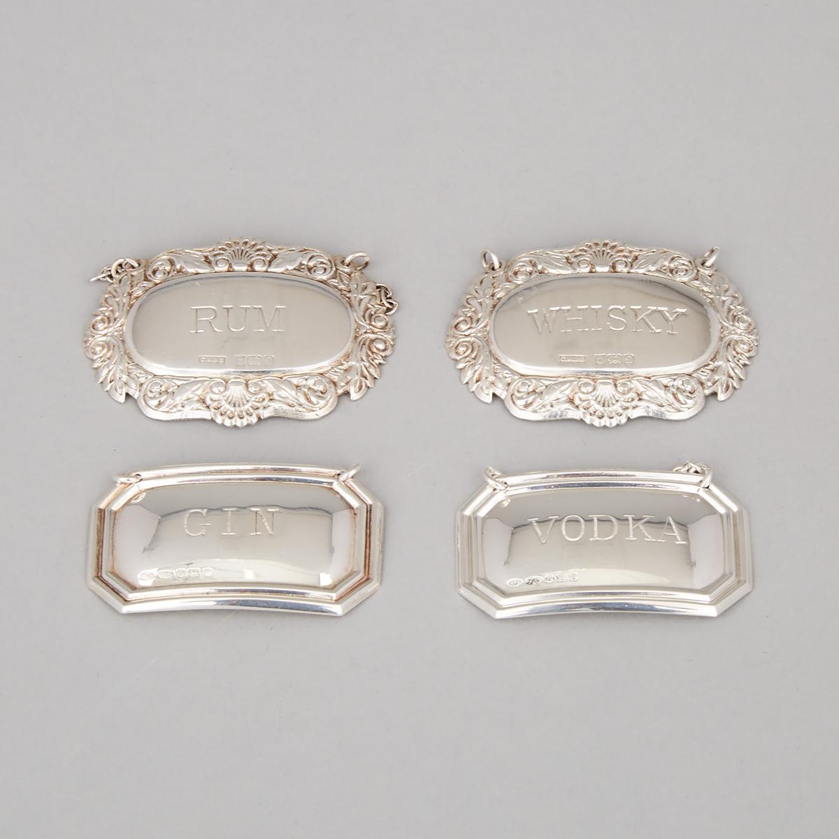 Four English Silver Spirit Decanter Labels, C. Robathan & Son and W.I. Broadway & Co., Birmingham, 1