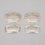 Four English Silver Spirit Decanter Labels, C. Robathan & Son and W.I. Broadway & Co., Birmingham, 1