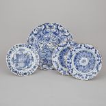 Dutch Delft Blue and White Charger, De Porceleyne Klaeuw, and Three Plates, second half of the 18th