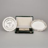 Pakistani Silver Presentation Cigarette Box and Two Trays, 20th century, oval tray length 11.8 in —