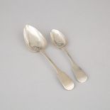 Canadian Silver Fiddle Pattern Table Spoon and a Dessert Spoon, Laurent Amiot, Quebec City, Que., c.