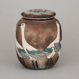 Monica Johnston (Canadian, b.1963), Smoke Fired Covered Jar, c.1985, height 8.3 in — 21 cm
