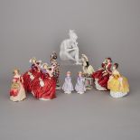 Ten Royal Doulton, Adderley, and Continental Porcelain Figures, 20th century, largest height 8.5 in