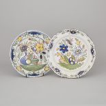 Two Continental Faience Polychrome Chargers, probably Spanish, 18th/19th century, diameter 13.5 in —