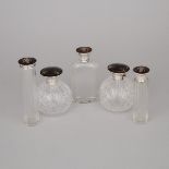 Five English Silver and Tortoiseshell Mounted Cut Glass Toilet Water Bottles and Jars, 1920s, larges