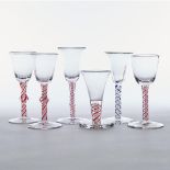 Six Various Continental Red or Blue Colour Twist Stemmed Wine Glasses, late 18th/19th century, large