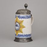 German Pewter Mounted Faience Stein, 18th century, height 10.2 in — 26 cm