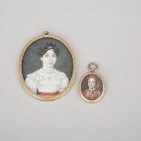 Two Portrait Miniatures on Ivory, 18th and 19th century, larger 3 x 2.5 in — 7.5 x 6.3 cm (2 Pieces)