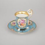 Berlin Floral Paneled Blue and Gilt Ground Cup and Saucer, c.1900, saucer diameter 3.4 in — 8.7 cm