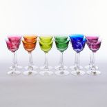 Set of Twelve Moser Colour Overlaid, Etched and Cut Glass Hock Wine Goblets, 20th century, height 7.