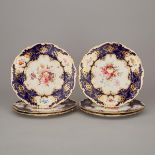 Six Coalport Floral Paneled Blue and Gilt Service Plates, Fred Howard, early 20th century, diameter