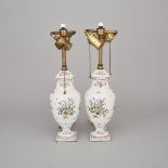 Pair of French Faience Table Lamps, 19th/20th century, overall height 17.5 in — 44.5 cm (2 Pieces)