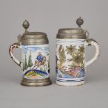 Two German Pewter Mounted Faience Steins, c.1748 and 1768, height 9.8 in — 25 cm; 9.4 in — 24 cm (2