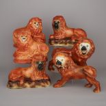 Three Pairs of Staffordshire Lions, late 19th/early 20th century, largest height 11 in — 28 cm (6 Pi
