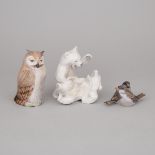 Royal Copenhagen Group of Polar Bear Cubs, an Owl and a Group of Sparrows, 20th century, owl height