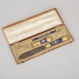 Continental Lady's Enamelled and Gilt Metal Writing Set, 19th century, length 8.5 in — 21.5 cm