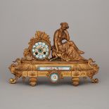 French 'Sevres' Style Porcelain Mounted Gilt Metal Figural Mantel Clock, c.1890, 11.5 x 16 in — 29.2