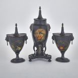 Three Piece Regency Style Tole Ware Suite, 19th century, tea urn height 17 in — 43.2 cm (3 Pieces)