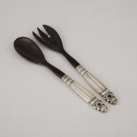 Pair of Danish Silver ‘Acorn’ Pattern Salad Servers, Georg Jensen, Copenhagen, 20th century, length