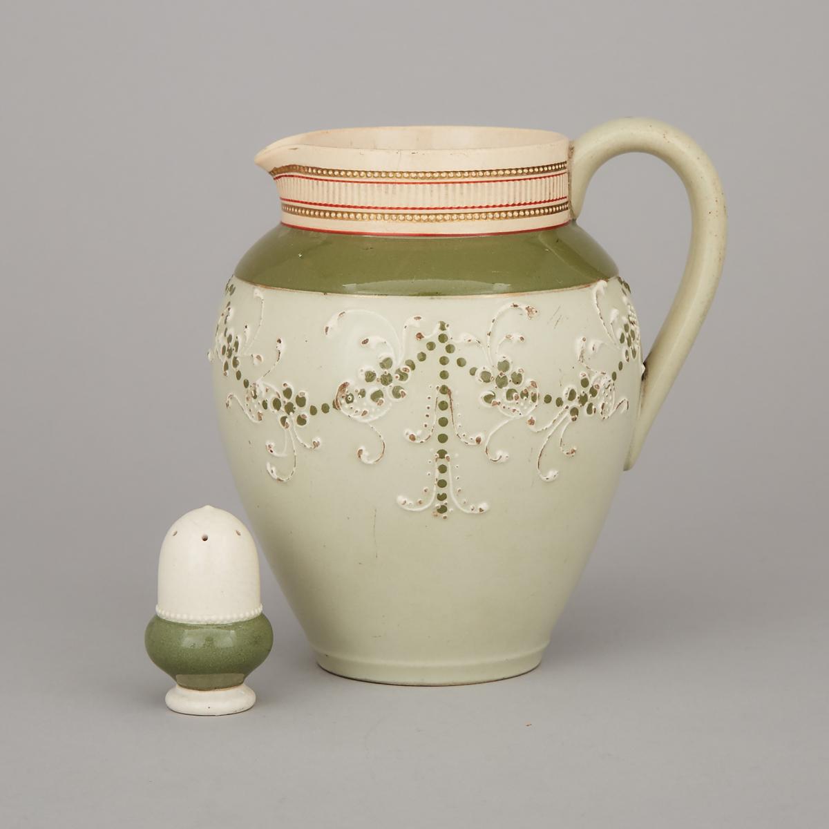 Macintyre Moorcroft Gesso Faience Pitcher and Pepper Shaker, c.1900, height 5.5 in — 14 cm (2 Pieces