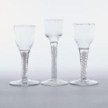 Three Continental Opaque Twist Stemmed Wine Glasses, late 18th/19th century, largest height 5.9 in —