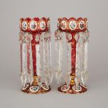 Pair of Bohemian Overlaid, Enameled and Gilt Red Glass Lustres, late 19th century, height 11.4 in —