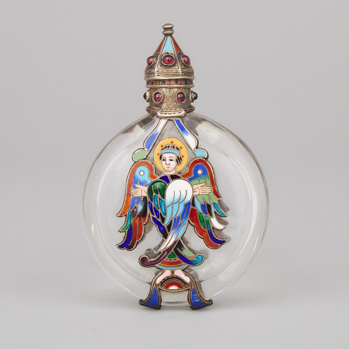 Continental Jeweled and Champlevé Enameled Silver Mounted Glass Scent Bottle, c.1900, height 3.7 in