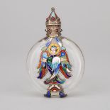 Continental Jeweled and Champlevé Enameled Silver Mounted Glass Scent Bottle, c.1900, height 3.7 in
