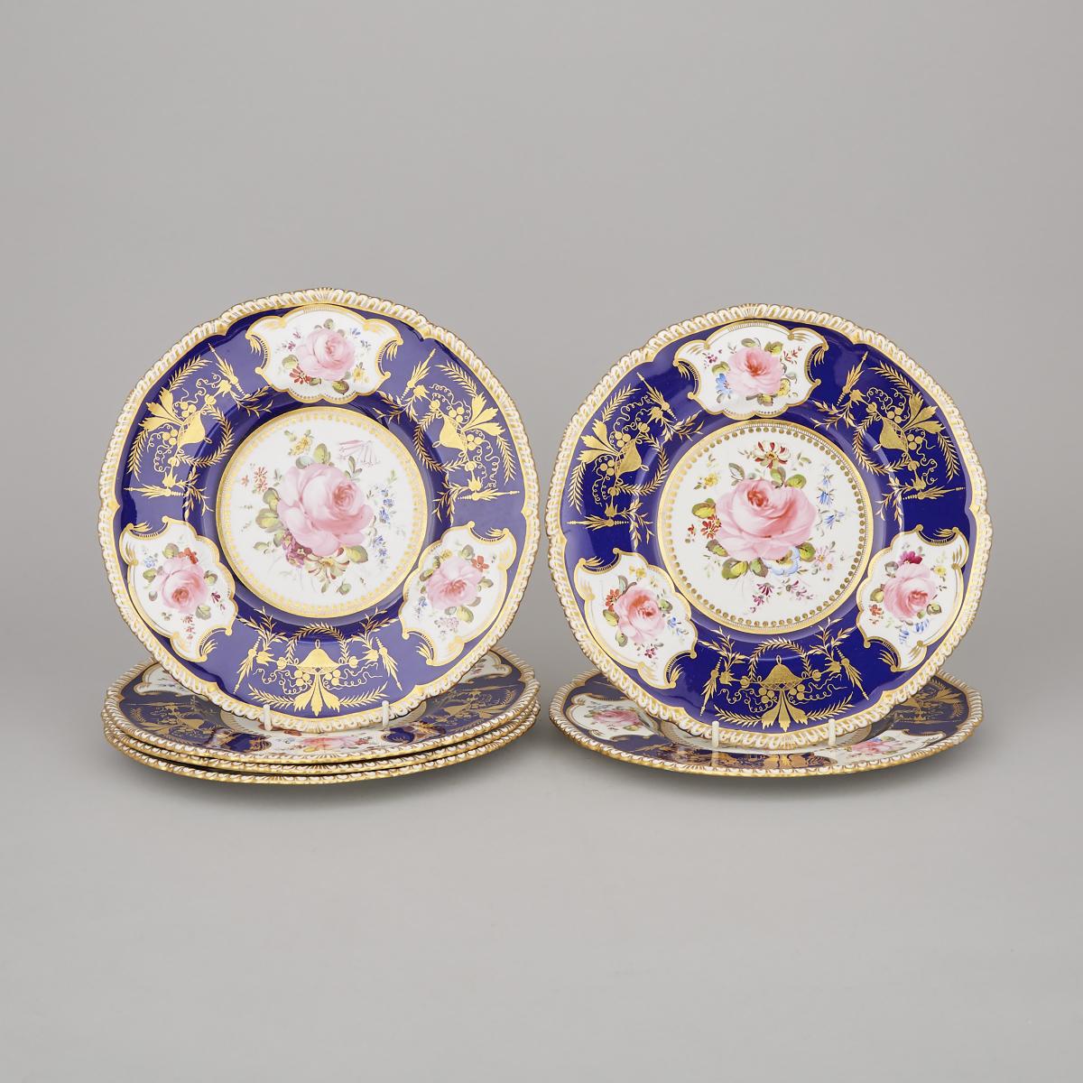 Six Royal Crown Derby Floral Paneled Blue Ground Service Plates, Cuthbert Gresley, 1932, diameter 10