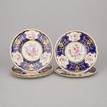 Six Royal Crown Derby Floral Paneled Blue Ground Service Plates, Cuthbert Gresley, 1932, diameter 10